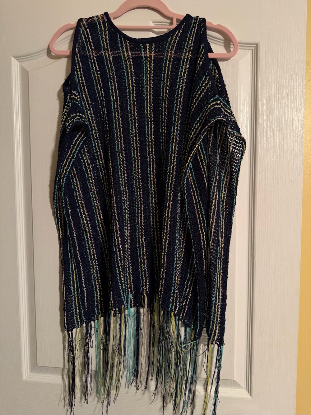 Open-Knit Striped Fringe and cover up- Navy, Teal, Lime